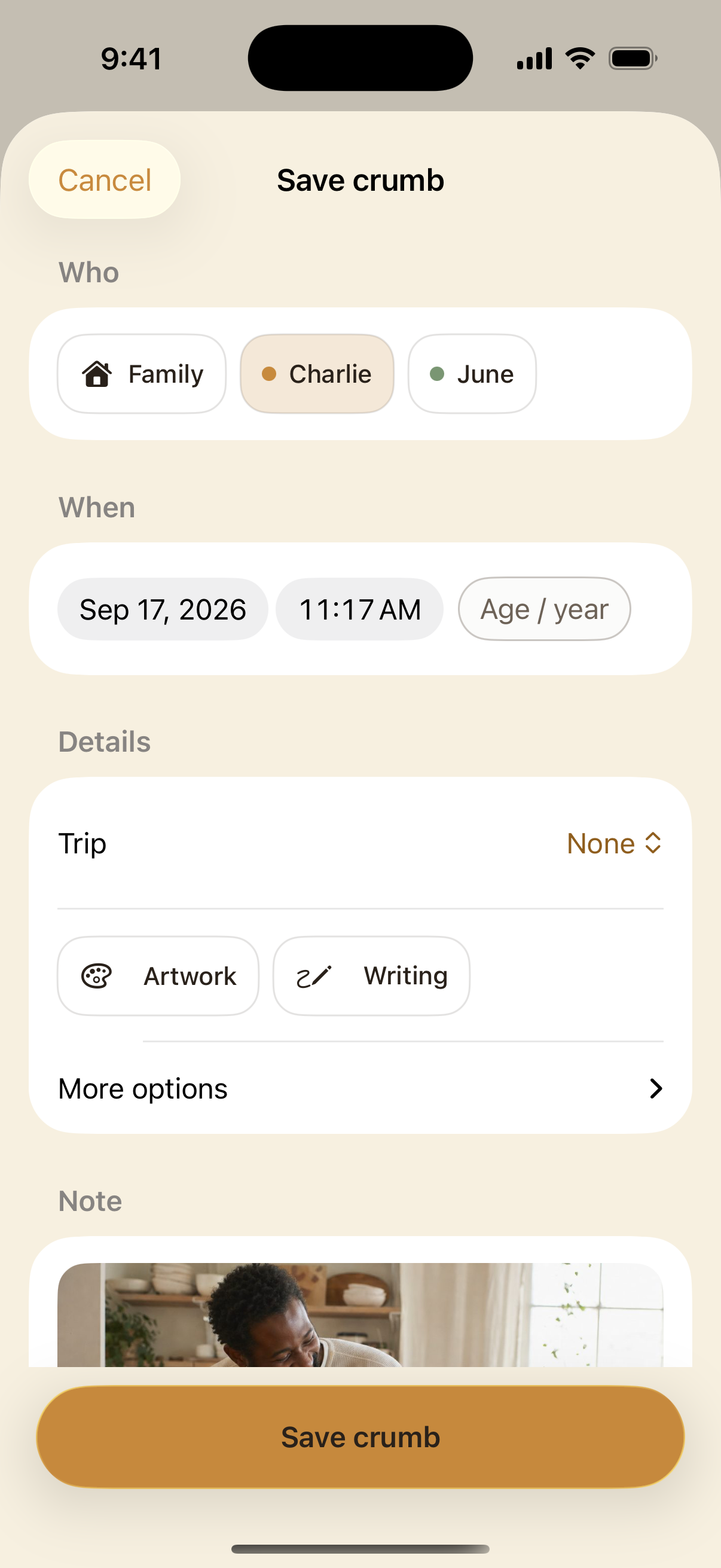 Save crumb with child and Family choices, date and time beside an Age / year button, labeled art tags, More options, and Save at the bottom