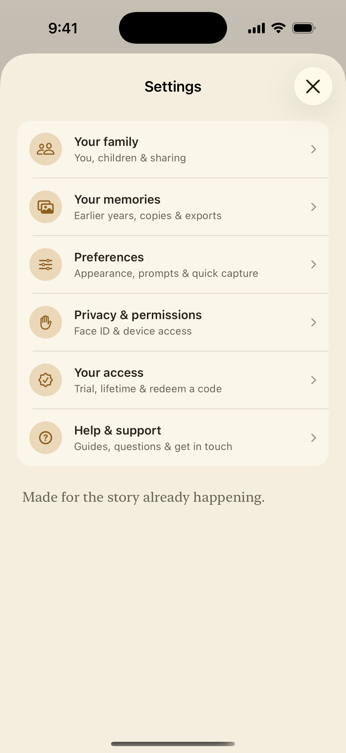 Settings with six rows: Your family, Your memories, Preferences, Privacy and permissions, Your access, and Help and support