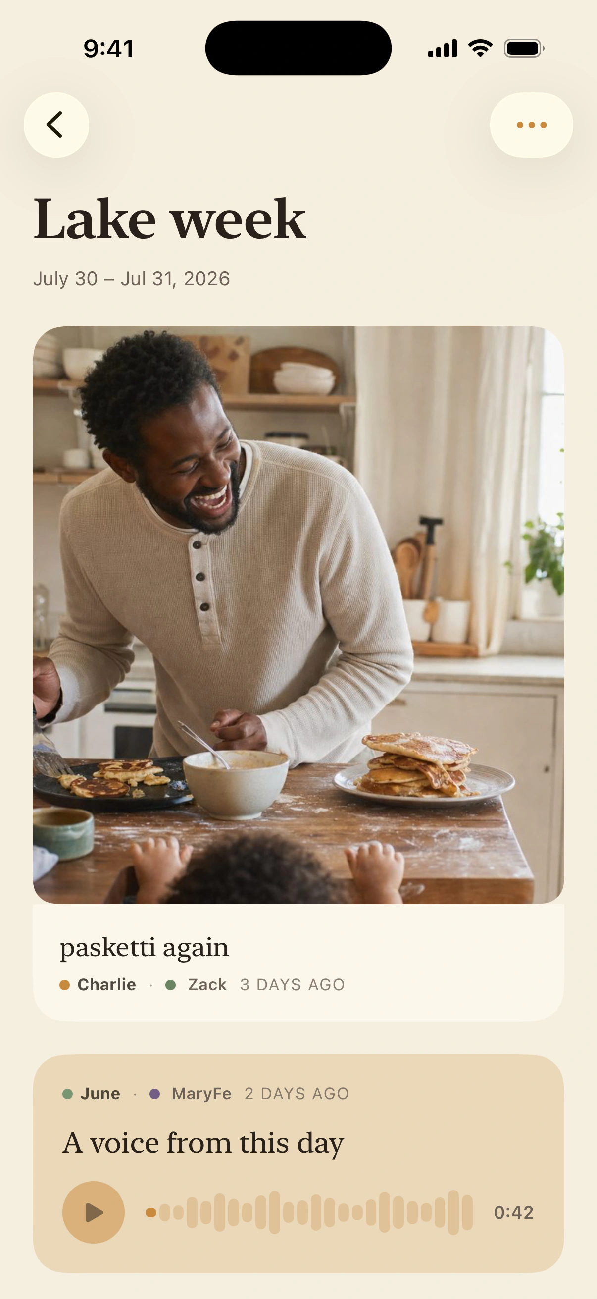 A Daycrumbs trip page called Lake week with photo and voice crumbs together
