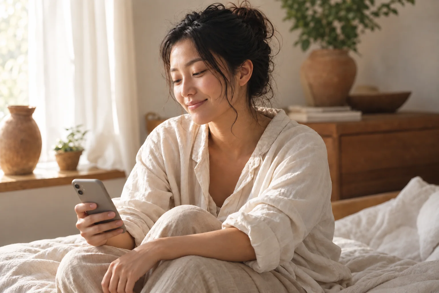 A young adult smiling down at a memory on the phone in her hand