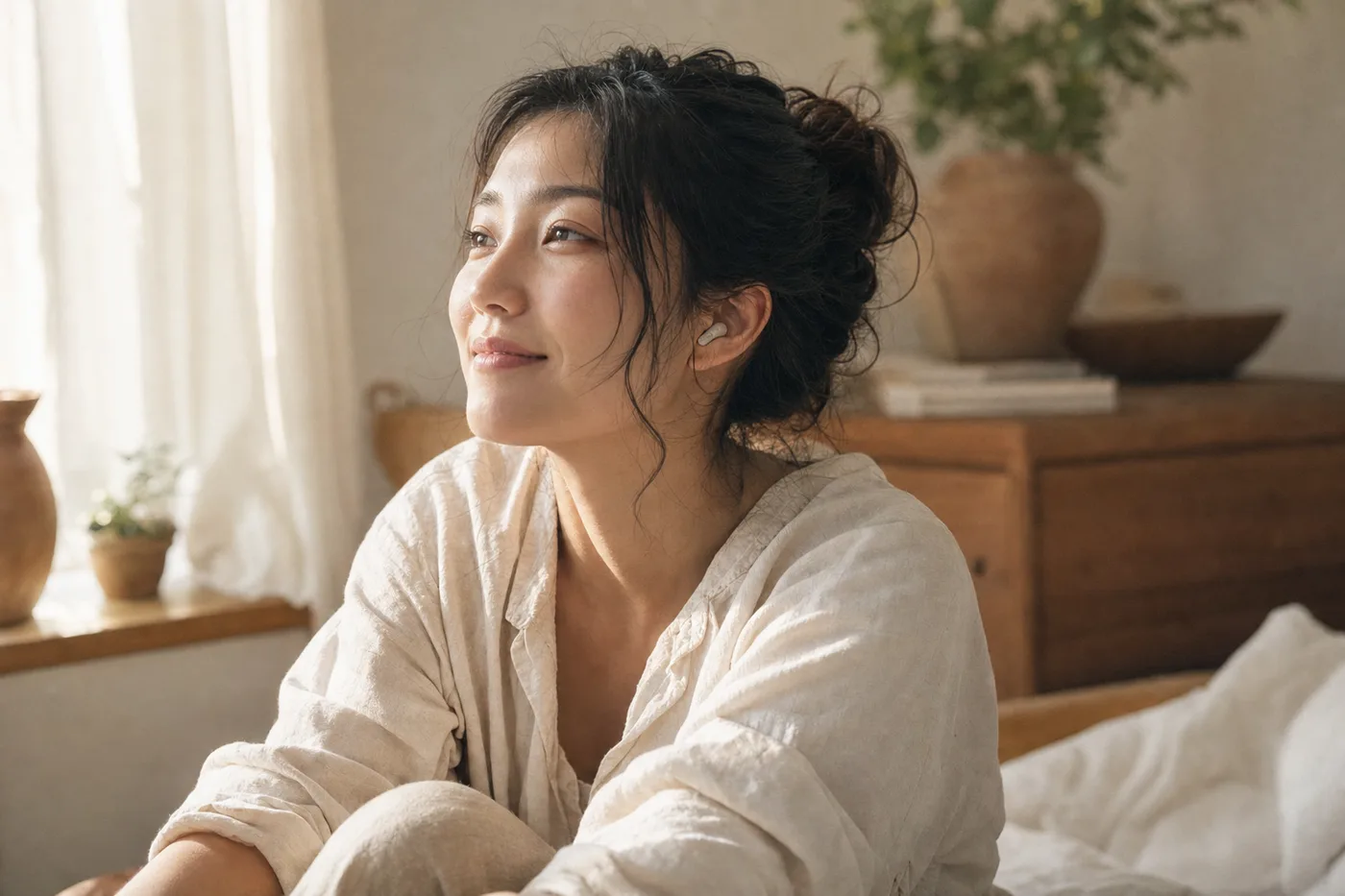 A young adult listening with earbuds, almost smiling at something meaningful