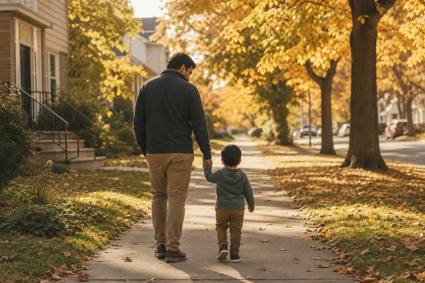 A parent and small child walking hand in hand down an autumn sidewalk, seen from behind