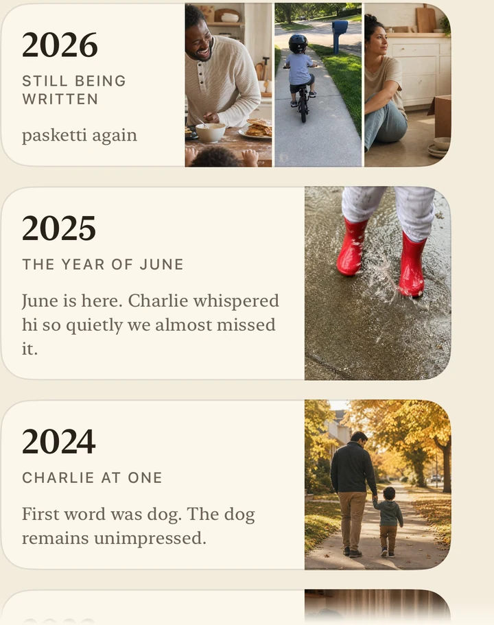 The shelf view: whole years as tiles, 2026 still being written, 2025 the year of June, 2024 Charlie at one
