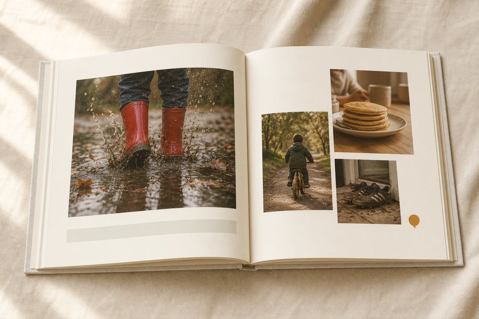An open yearbook with a calm editorial arrangement of family memories