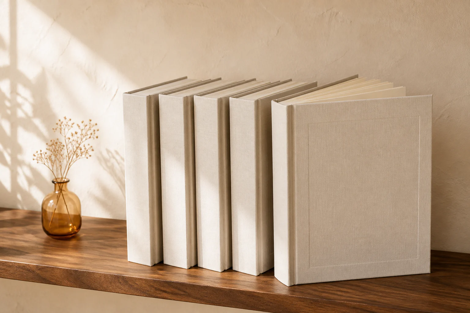 A growing shelf of matching linen yearbooks